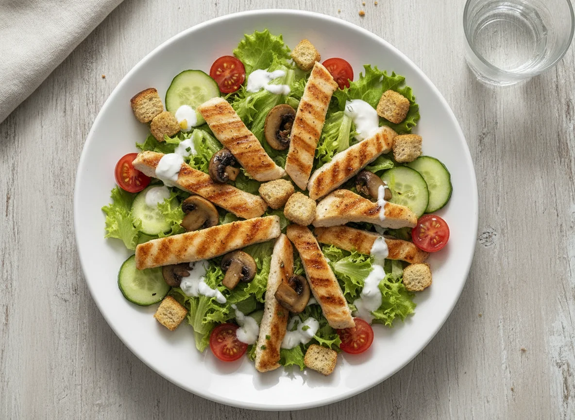 Gemischter Salat mit Hähnchenbrust und Champignons photo