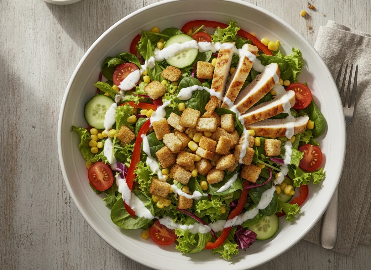 Gemischter Salat mit Hähnchenbrust und Croutons photo