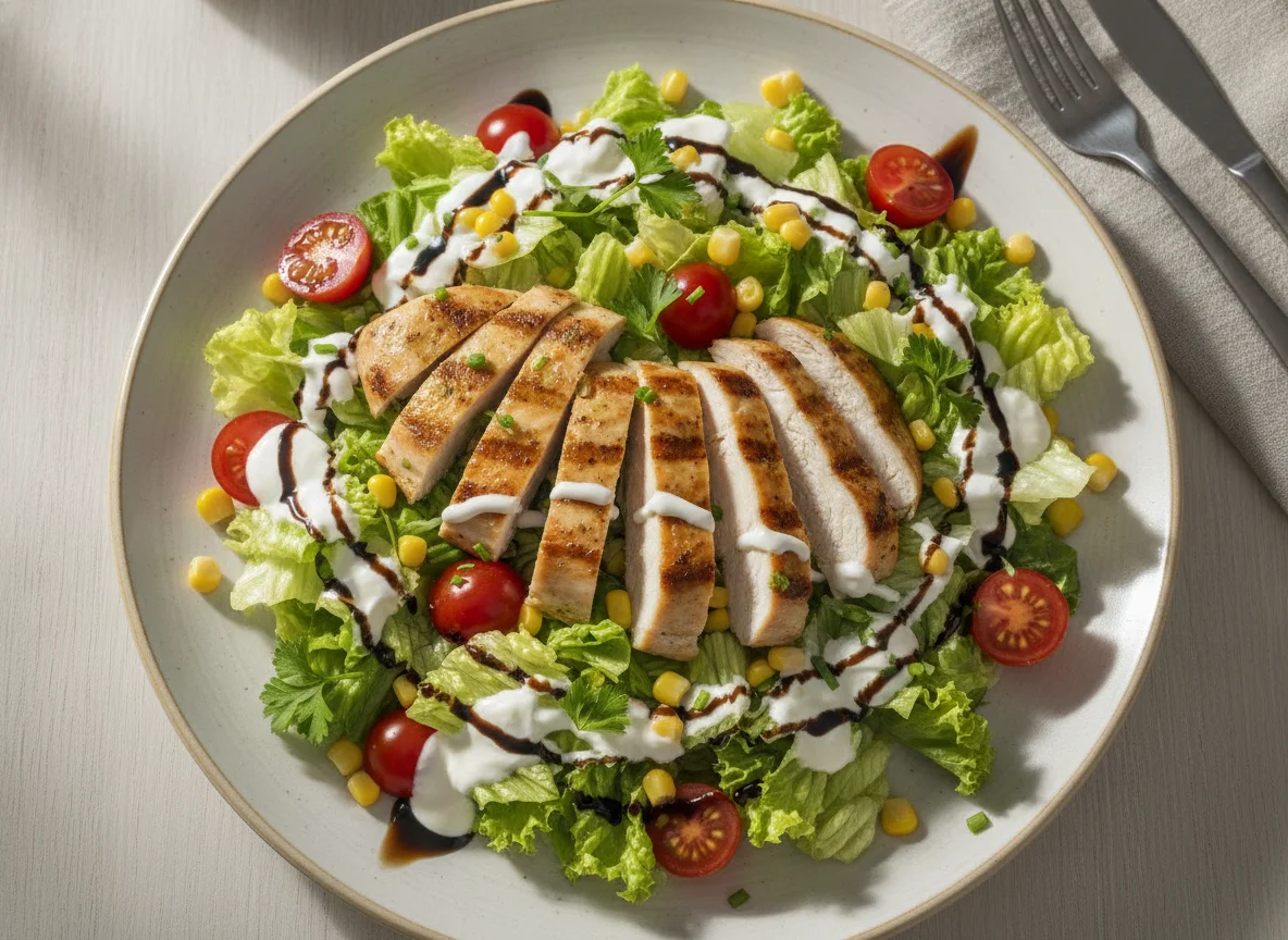 Gemischter Salat mit Hähnchenbrust und Dressing photo