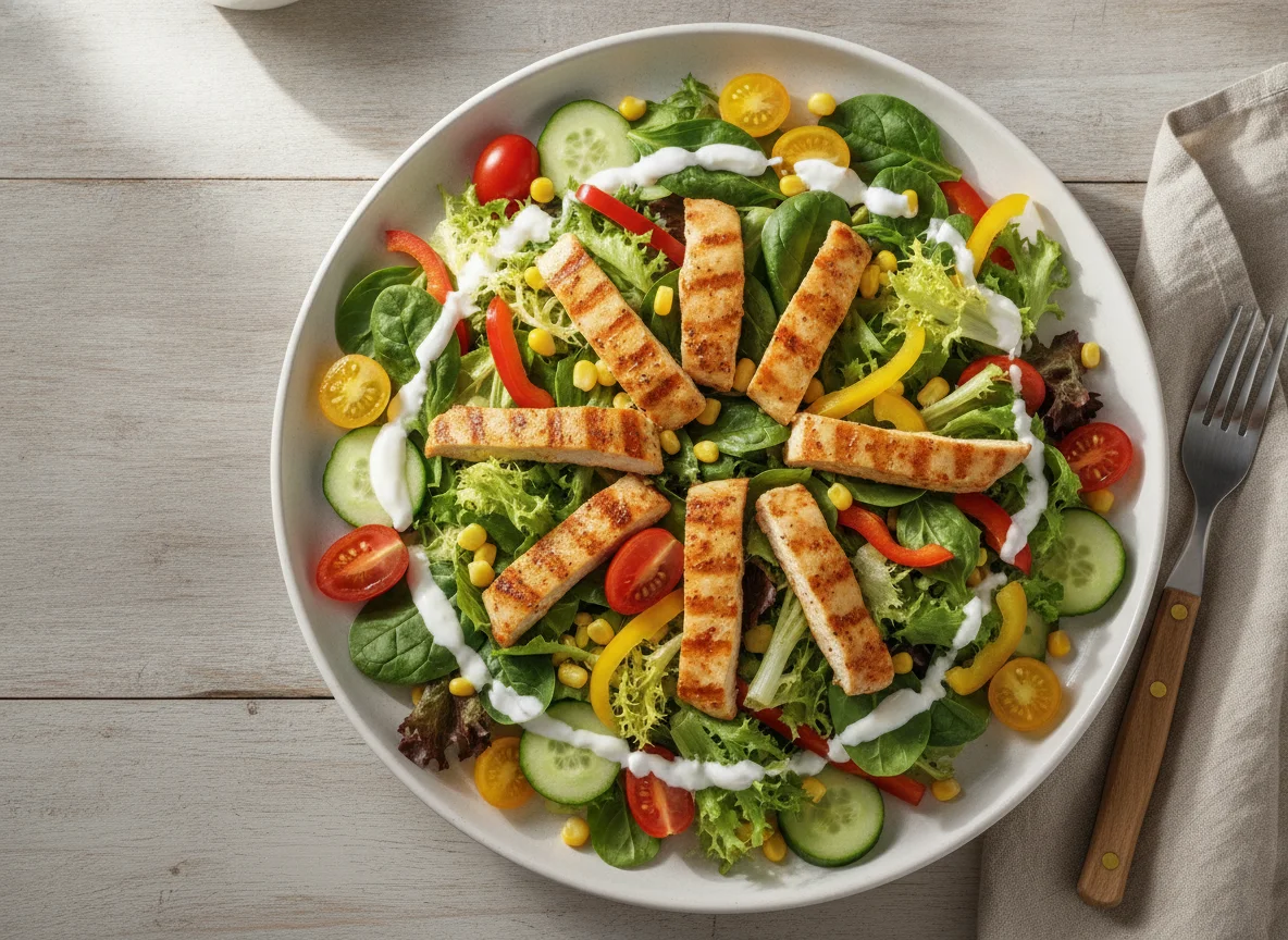 Gemischter Salat mit Hähnchenbrust und Joghurtdressing photo