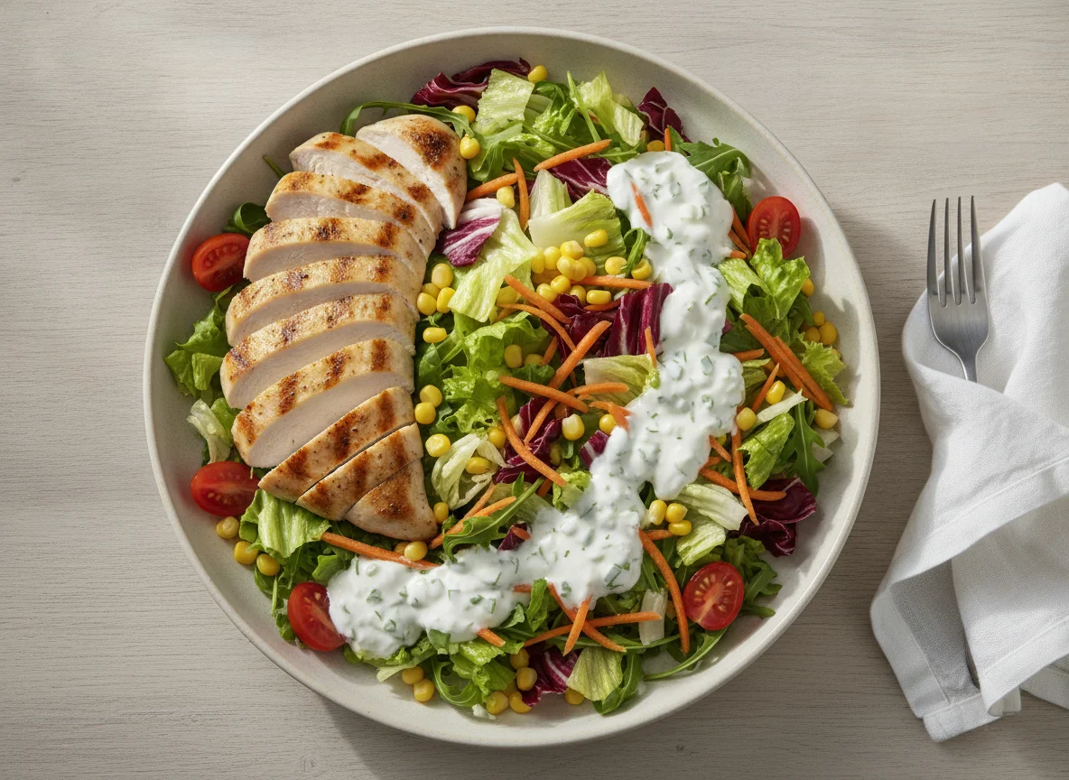 Gemischter Salat mit Hähnchenbrust und Joghurt-Dressing photo