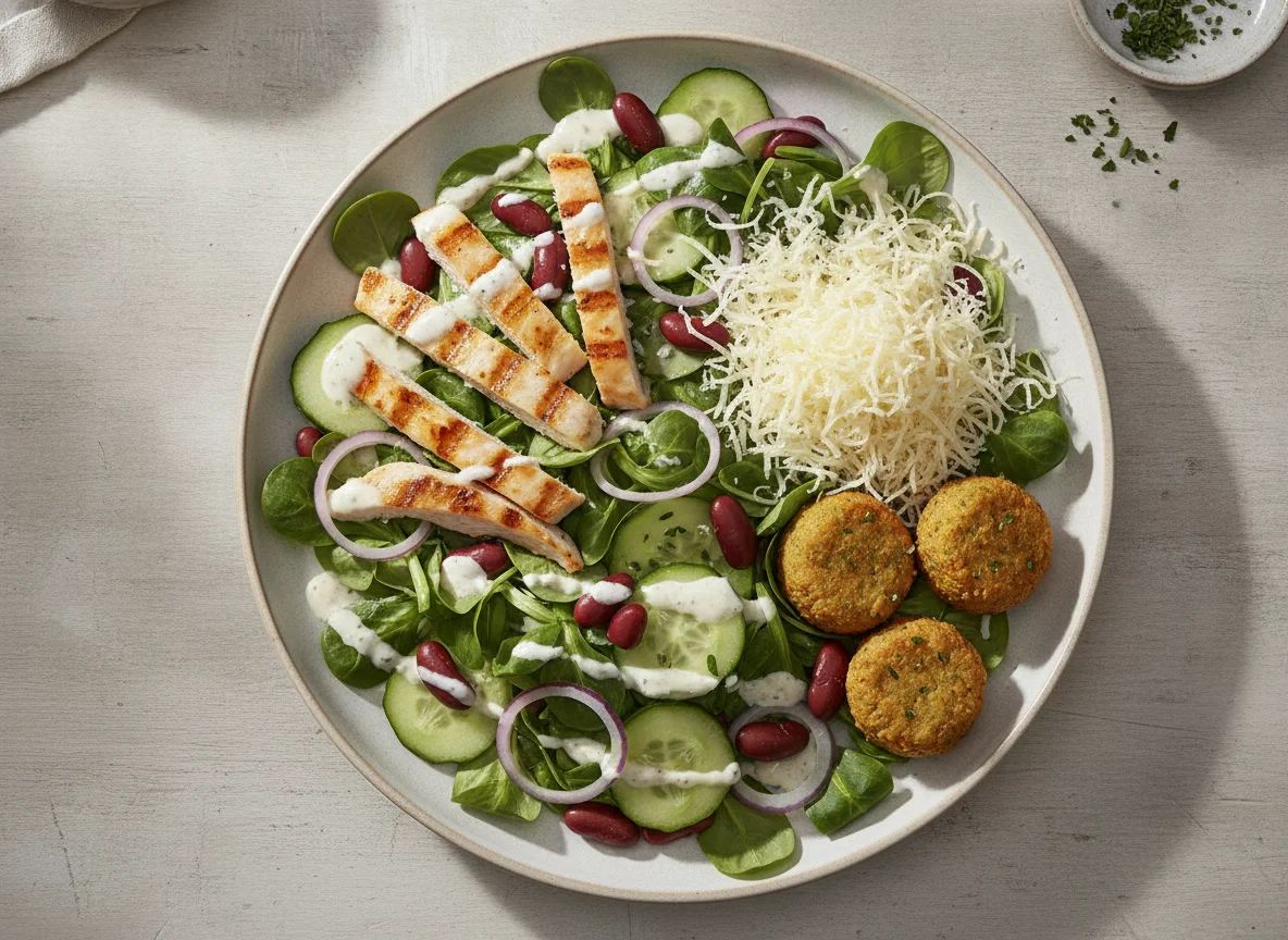 Gemischter Salat mit Hähnchenbrust und Käse photo