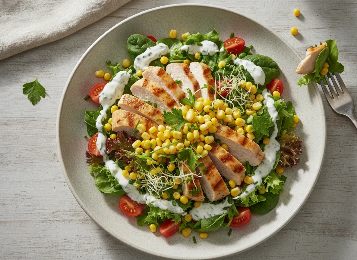 Gemischter Salat mit Hähnchenbrust und Mais photo