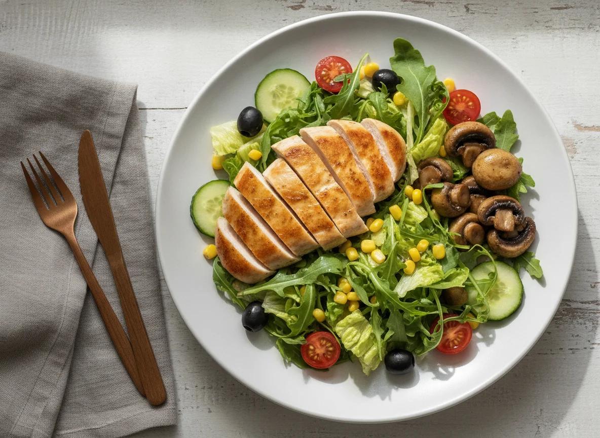 Gemischter Salat mit Hähnchenbrust und Pilzen photo