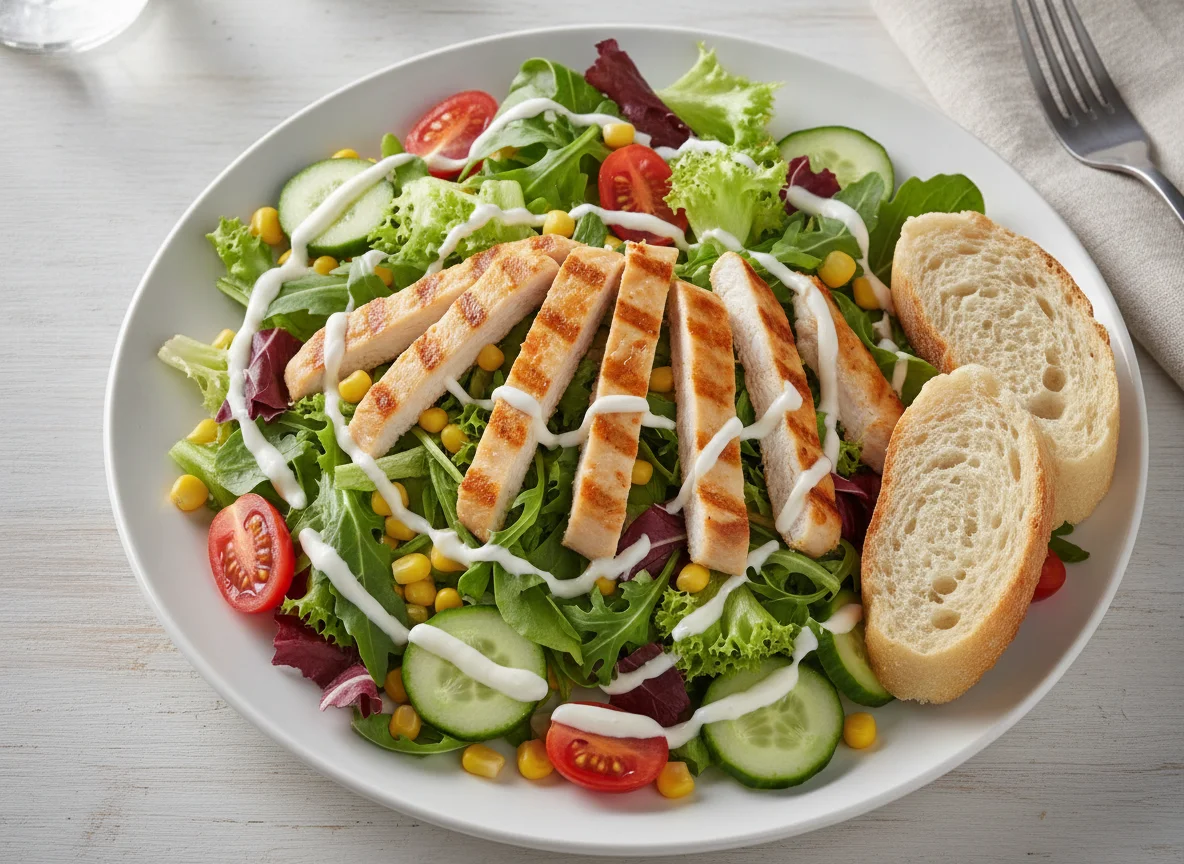 Gemischter Salat mit Hähnchenbruststreifen und Baguette photo