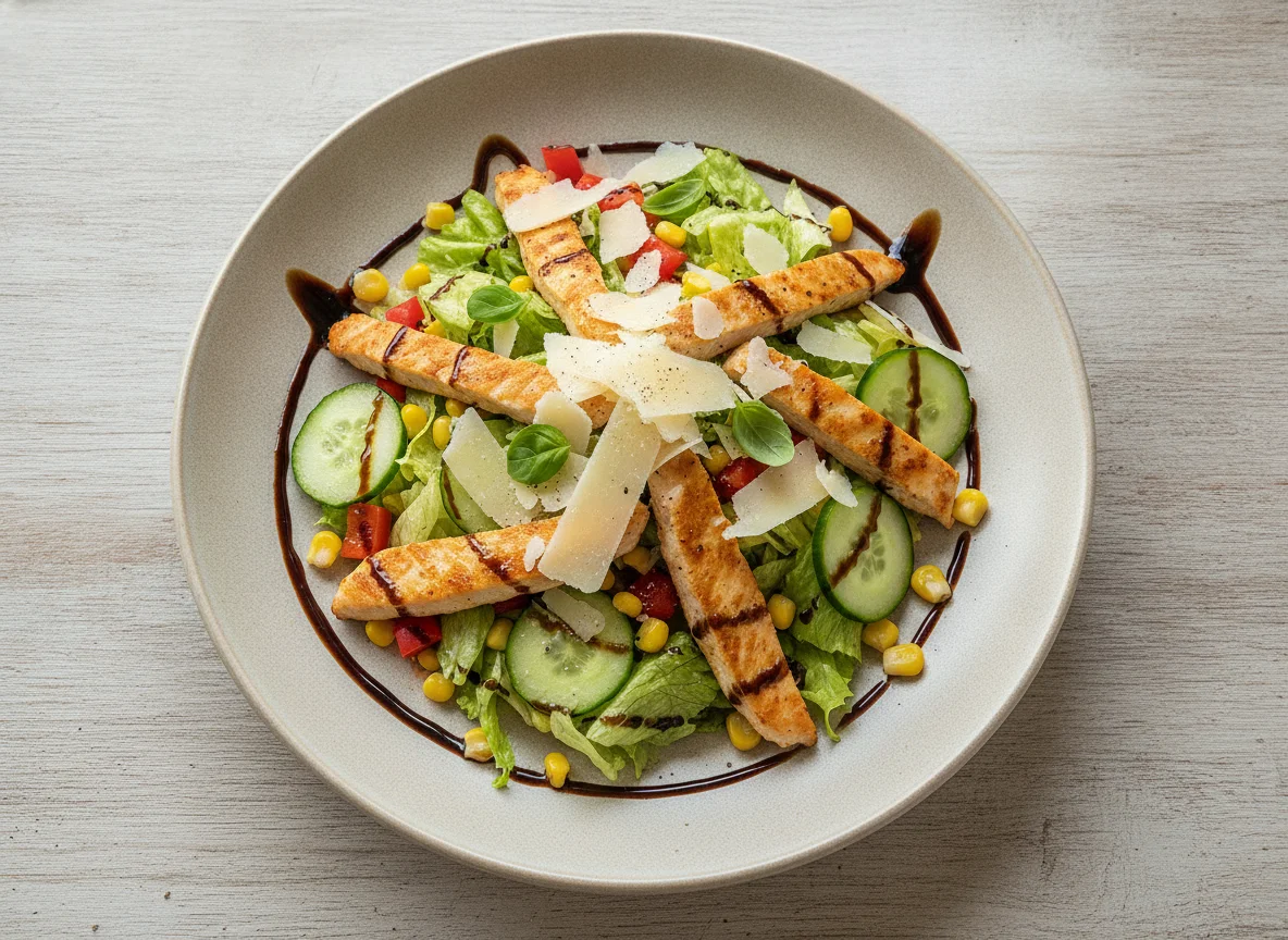 Gemischter Salat mit Hähnchenbruststreifen und Balsamico-Dressing photo