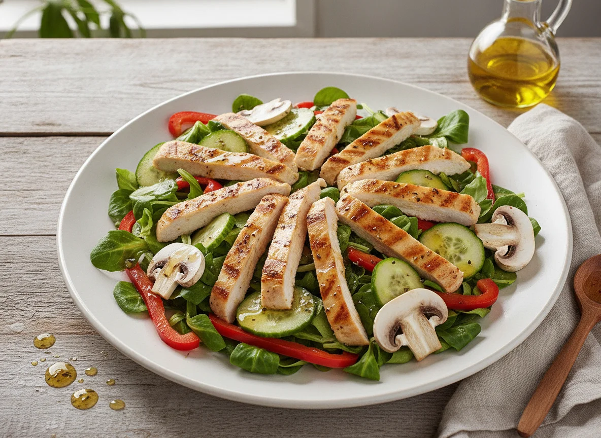 Gemischter Salat mit Hähnchenbruststreifen und Champignons photo