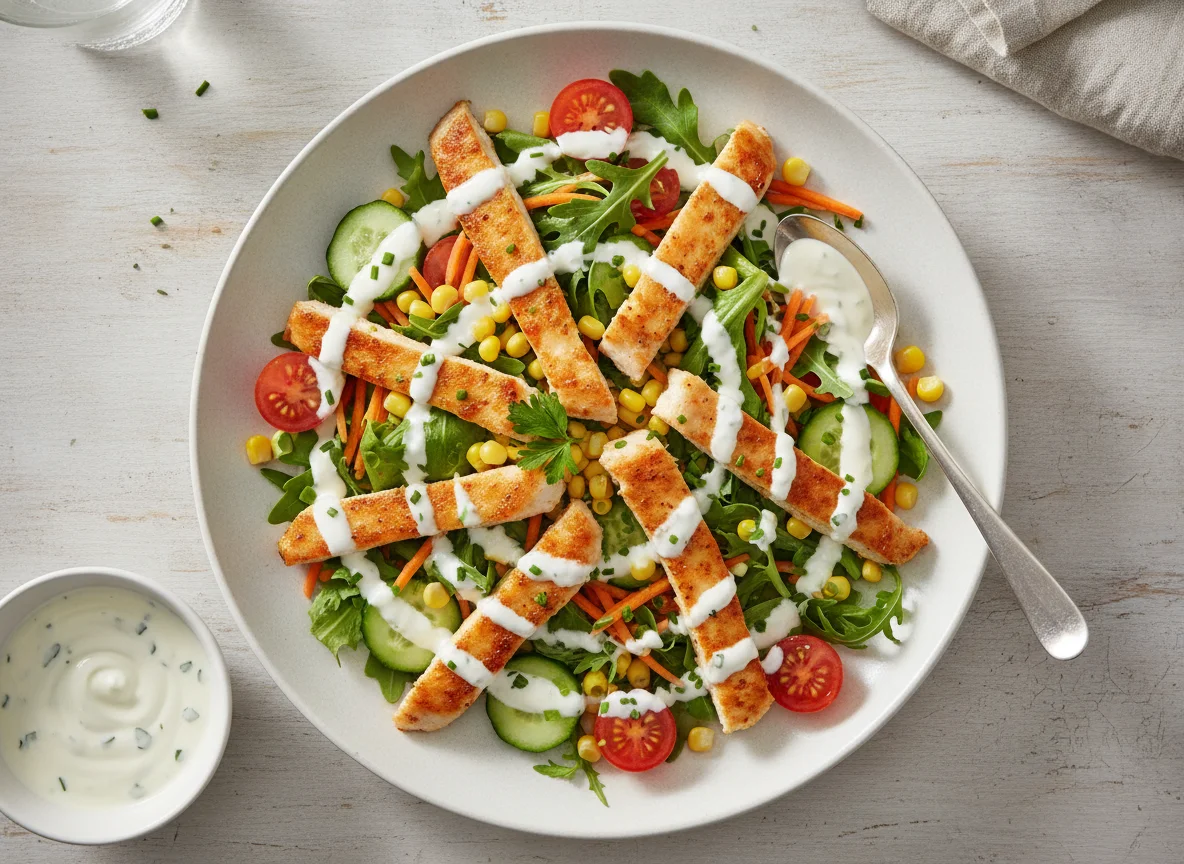 Gemischter Salat mit Hähnchenbruststreifen und Dressing photo