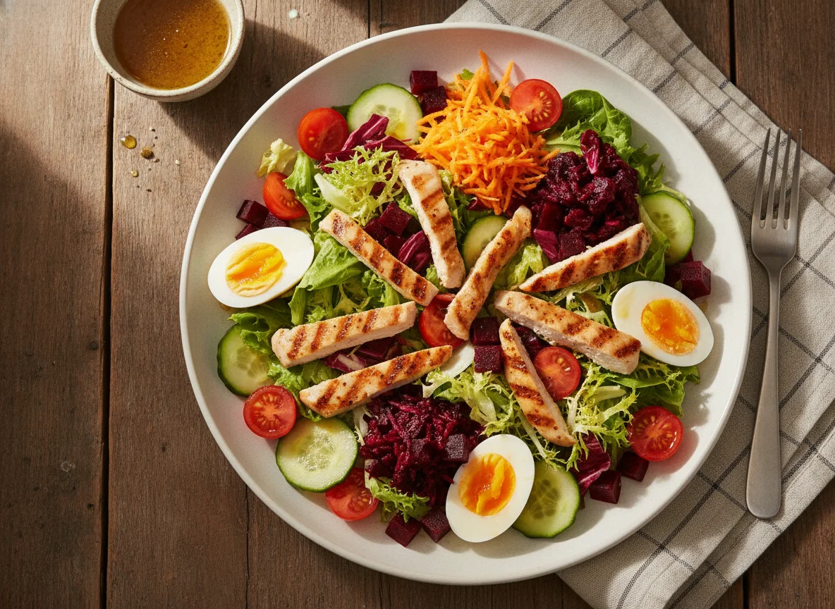 Gemischter Salat mit Hähnchenbruststreifen und Ei photo