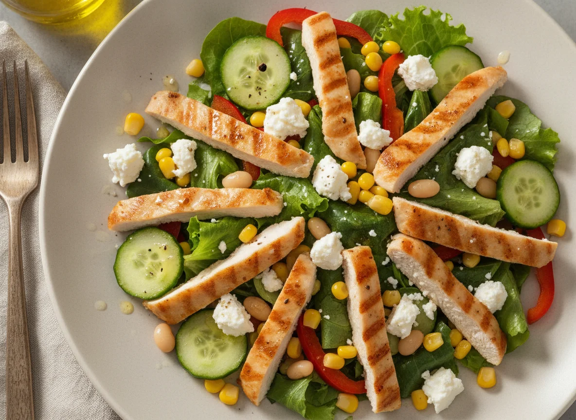 Gemischter Salat mit Hähnchenbruststreifen und Feta photo
