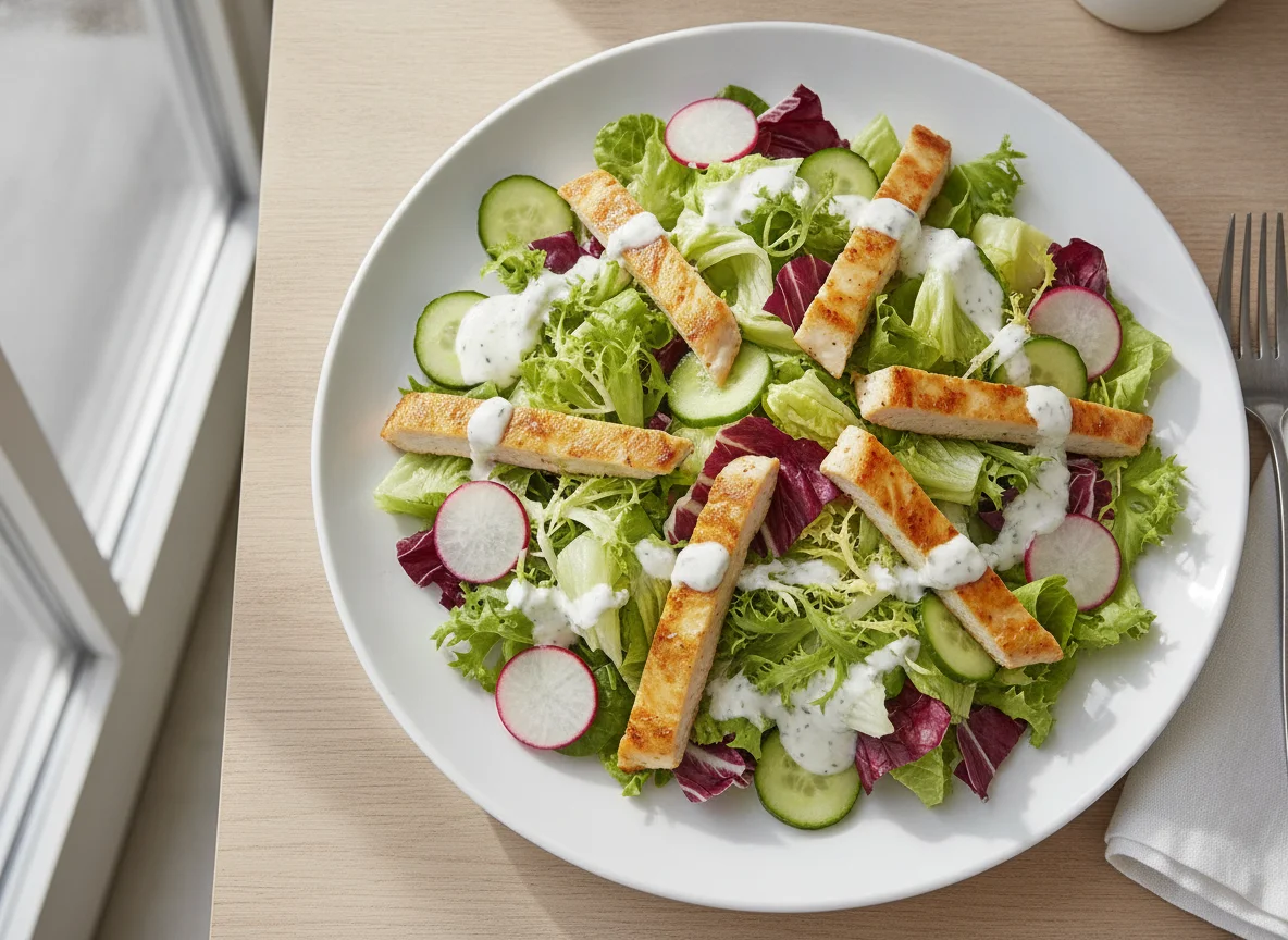 Gemischter Salat mit Hähnchenbruststreifen und Joghurt-Dressing photo