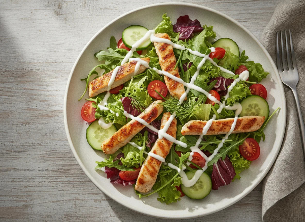 Gemischter Salat mit Hähnchenbruststreifen und Joghurtdressing photo