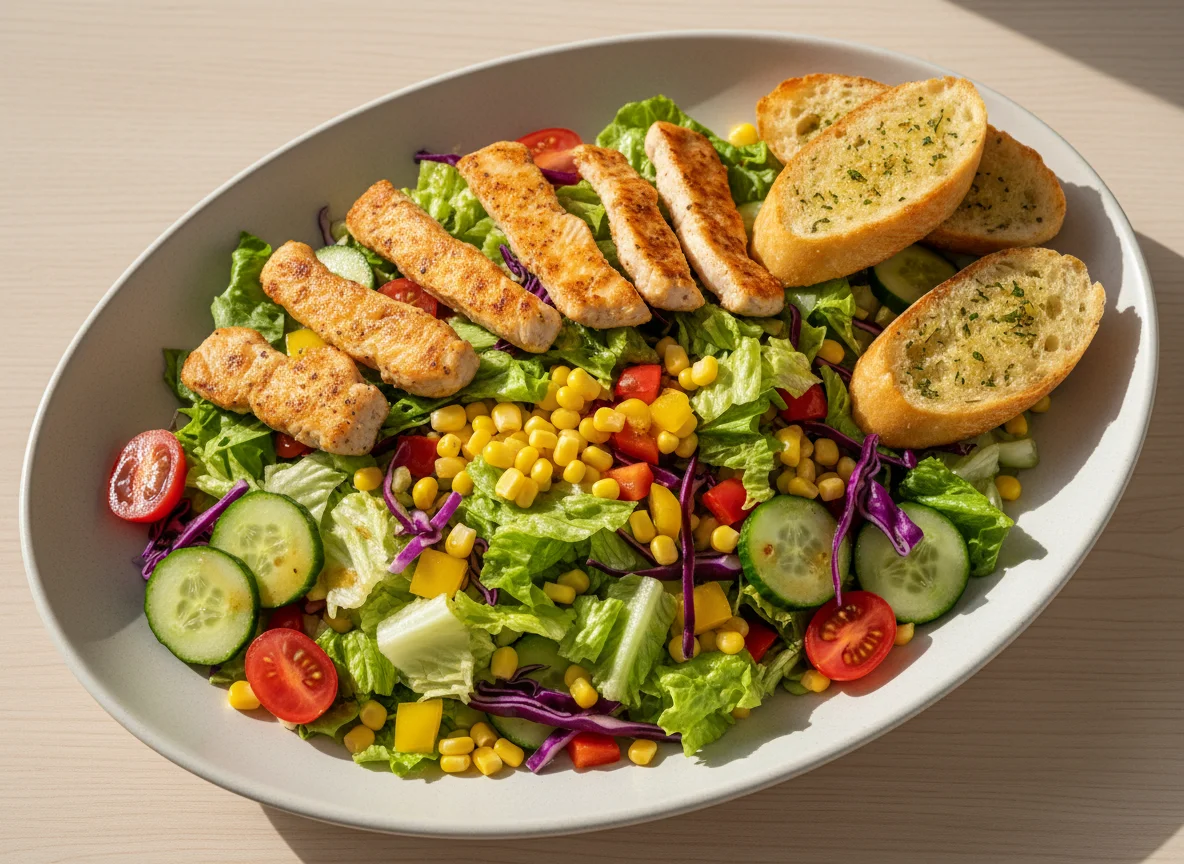 Gemischter Salat mit Hähnchenbruststreifen und Knoblauchbrot photo