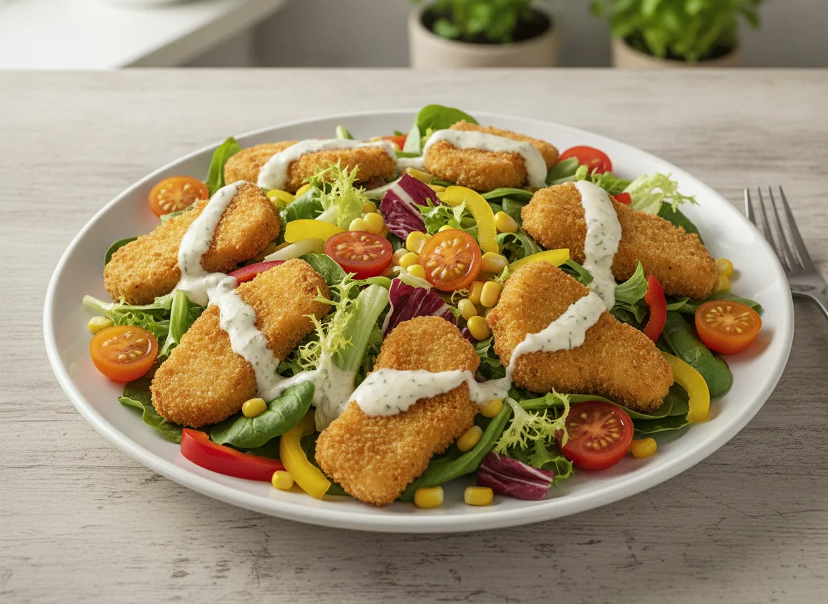 Gemischter Salat mit Hähnchen-Nuggets und Dressing photo