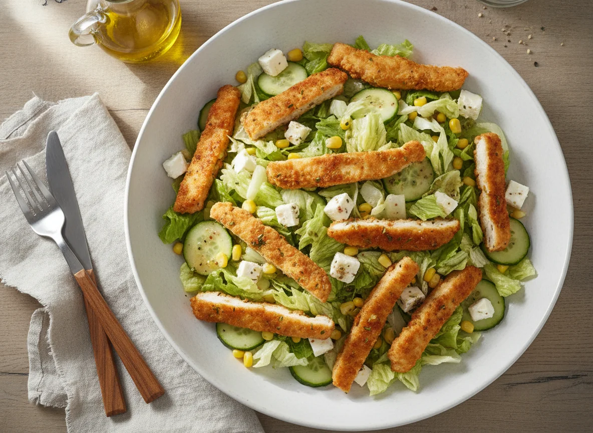 Gemischter Salat mit Hähnchenstreifen und Feta photo