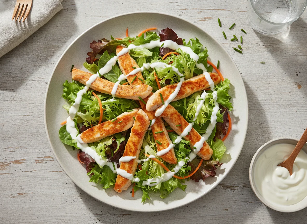 Gemischter Salat mit Hähnchenstreifen und Joghurt-Dressing photo