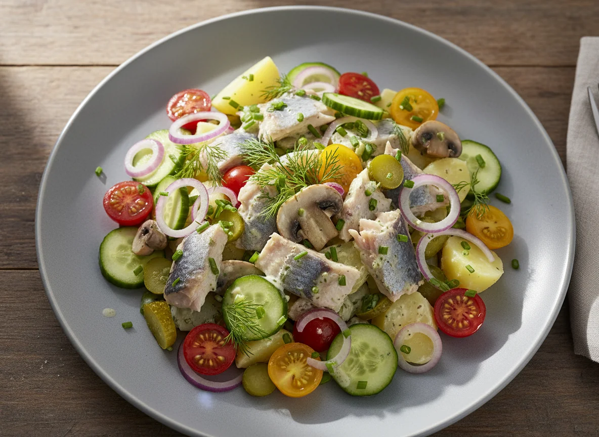 Gemischter Salat mit Hering und Pilzen photo