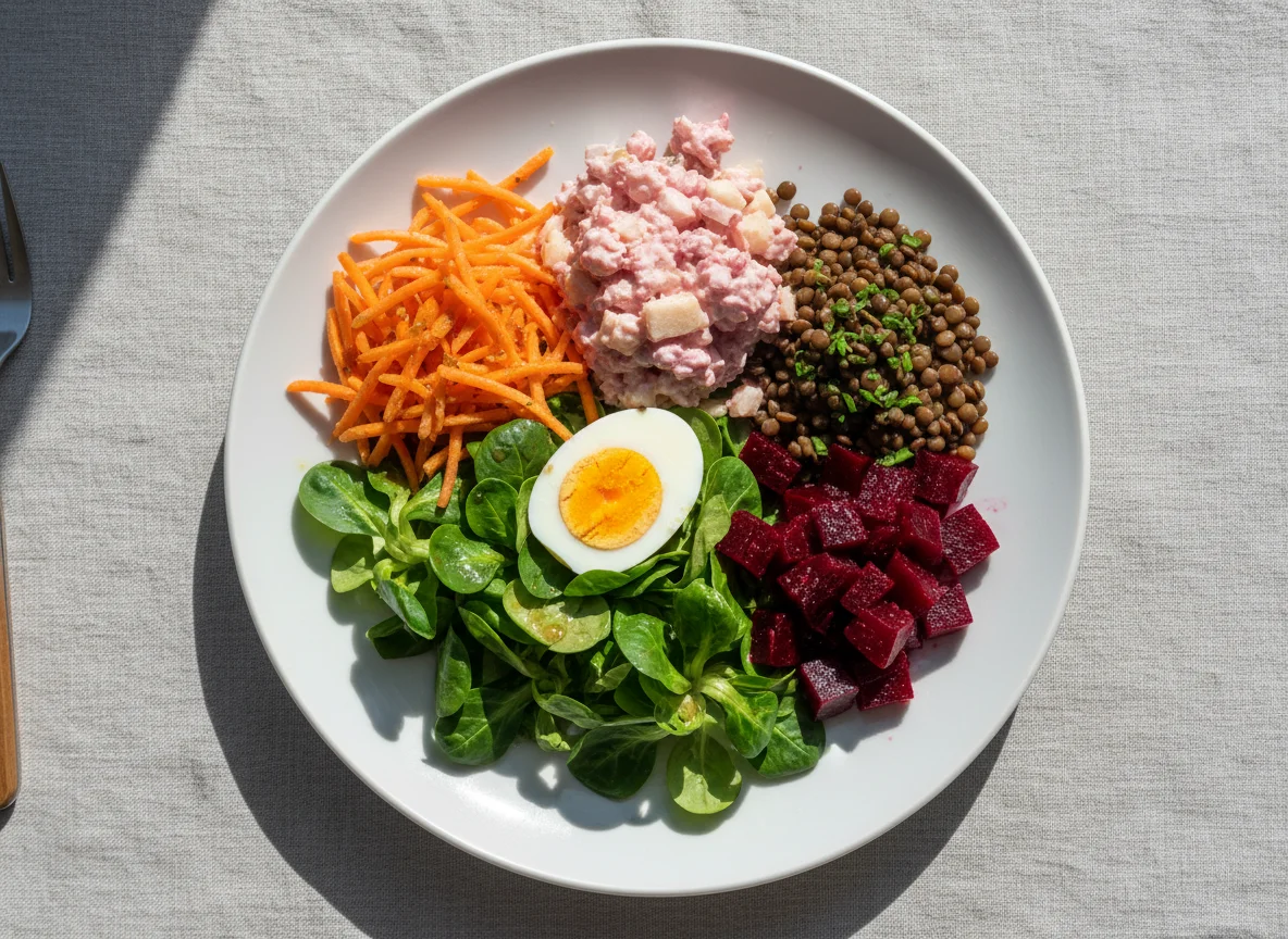 Gemischter Salat mit Heringssalat und Linsen photo