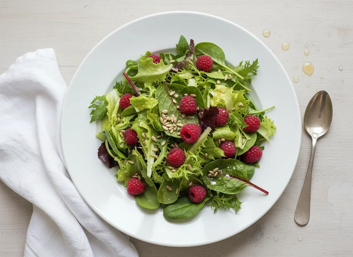Gemischter Salat mit Himbeeren und Dressing photo