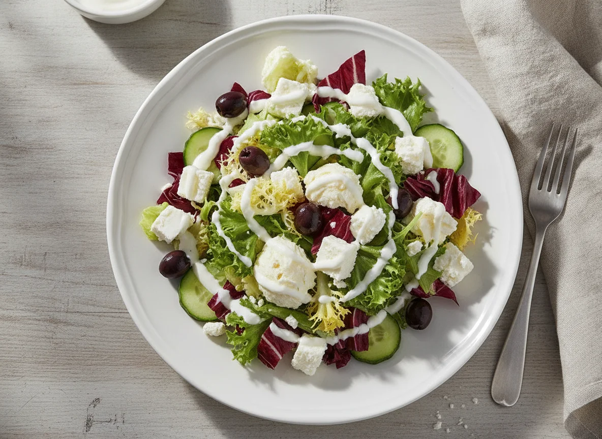 Gemischter Salat mit Hirtenkäse und Joghurt-Dressing photo