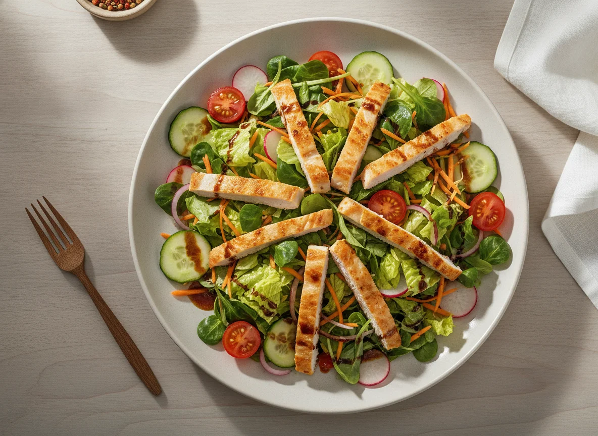 Gemischter Salat mit Hühnerstreifen und Balsamico-Dressing photo
