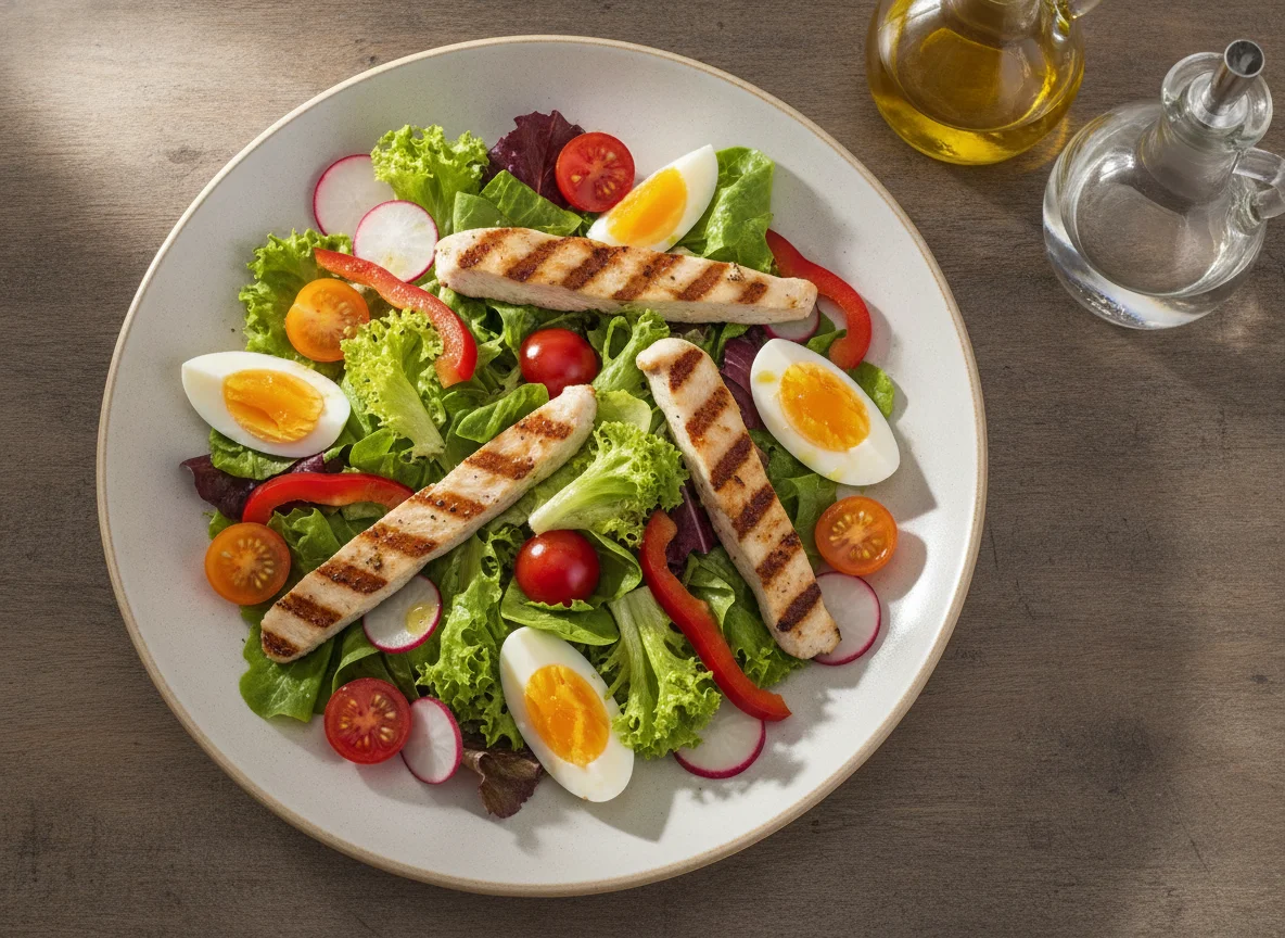 Gemischter Salat mit Hühnerstreifen und Ei photo