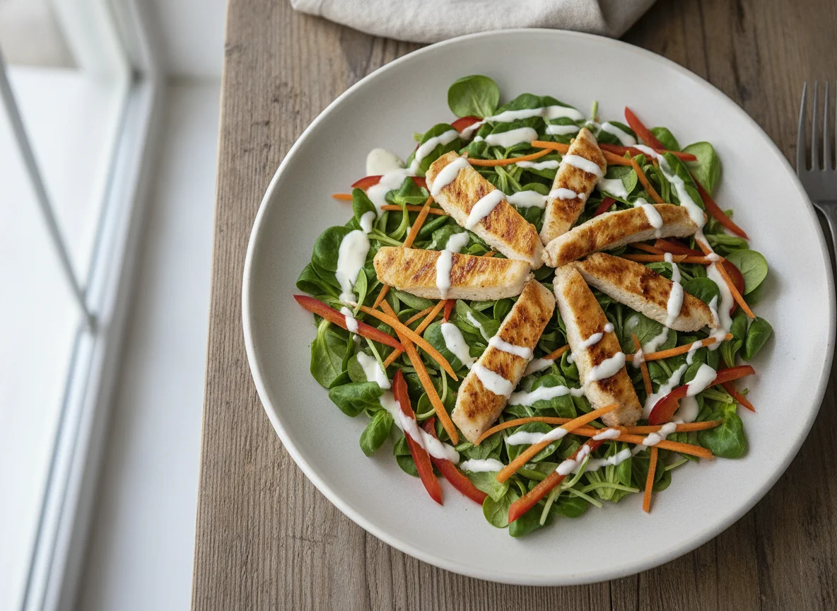 Gemischter Salat mit Hühnerstreifen und Joghurtdressing photo