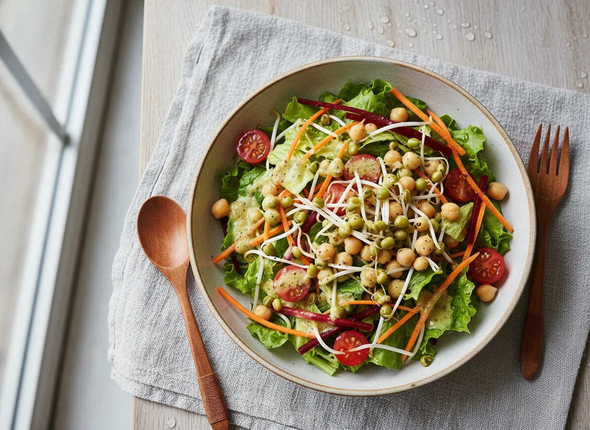 Gemischter Salat mit Hülsenfrüchten und Dressing photo
