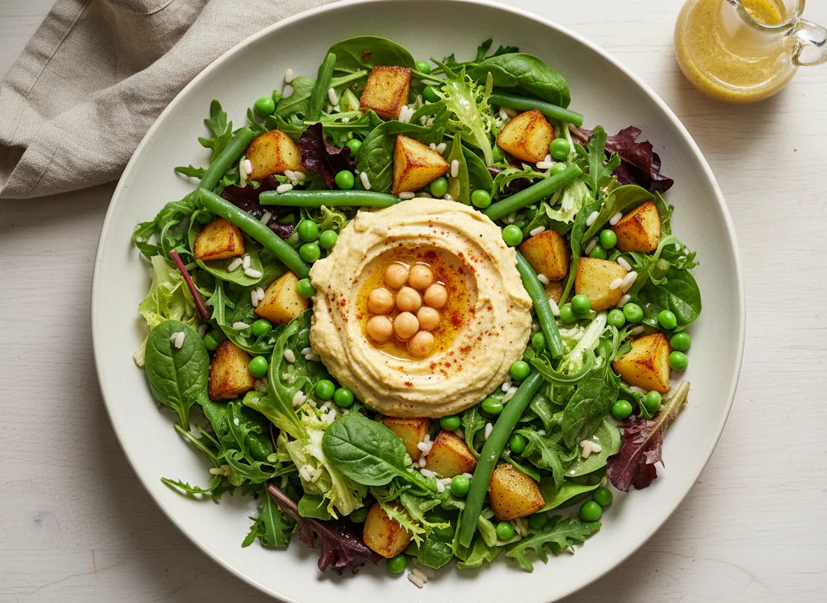 Gemischter Salat mit Hummus, grünen Bohnen und Reis photo