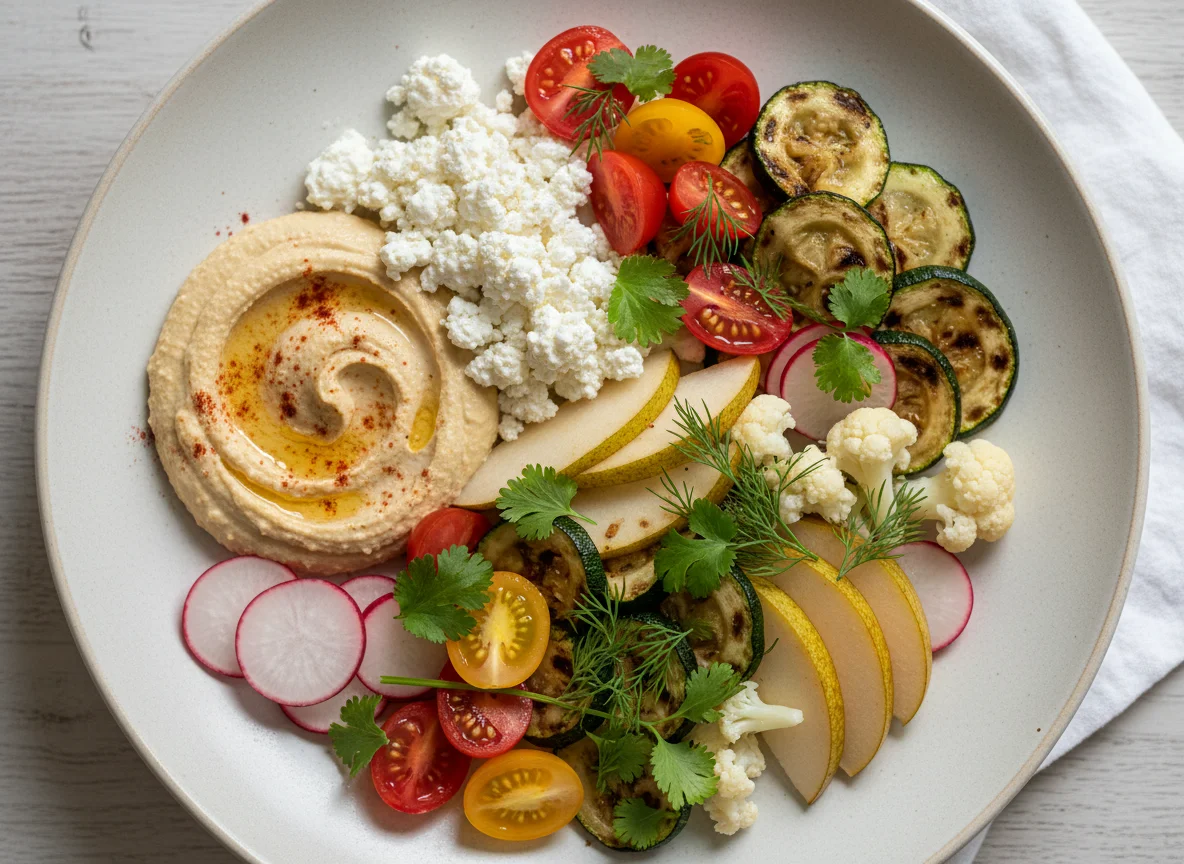Gemischter Salat mit Hummus und Hüttenkäse photo