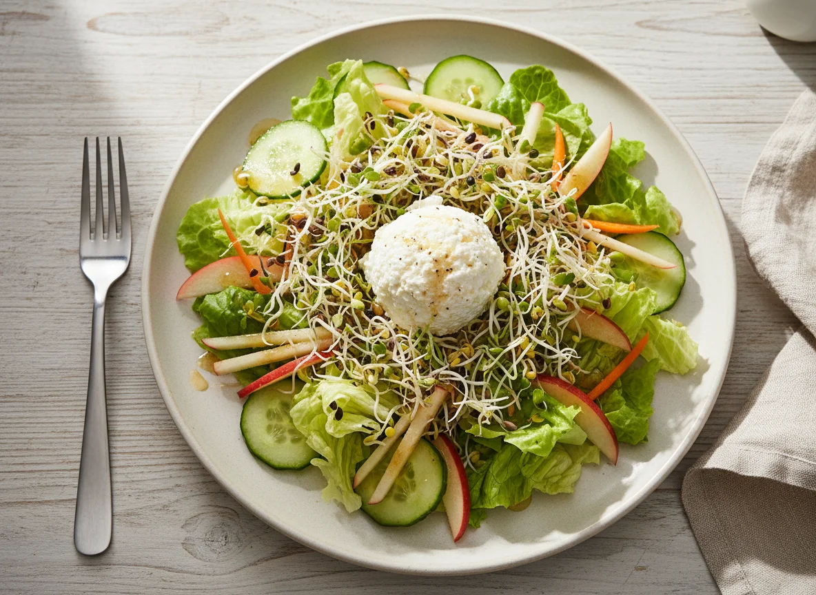 Gemischter Salat mit Hüttenkäse und Apfel photo