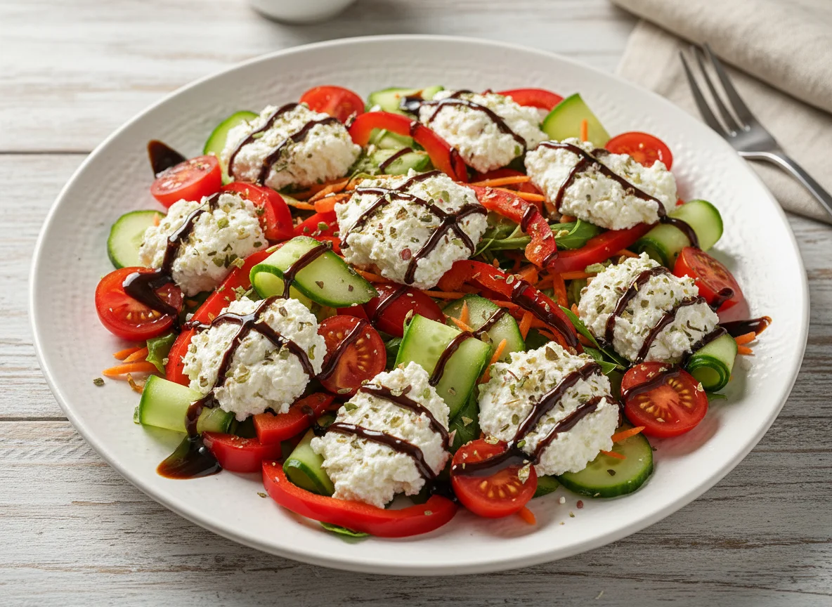 Gemischter Salat mit Hüttenkäse und Balsamico photo