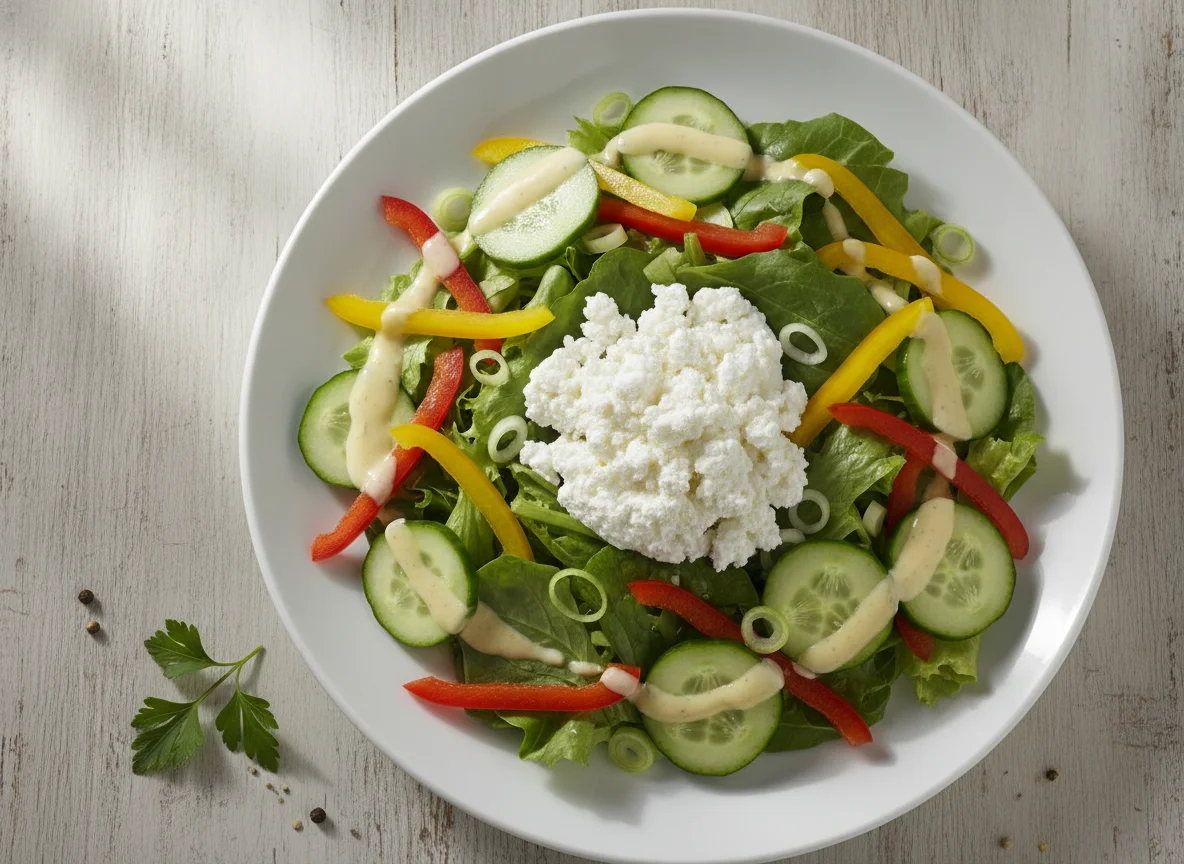 Gemischter Salat mit Hüttenkäse und Dressing photo