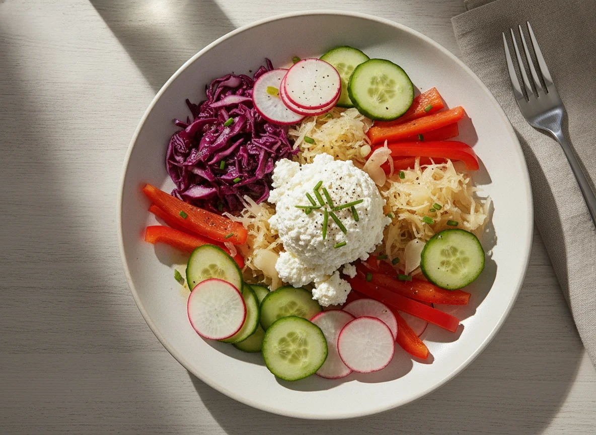 Gemischter Salat mit Hüttenkäse und Sauerkraut photo