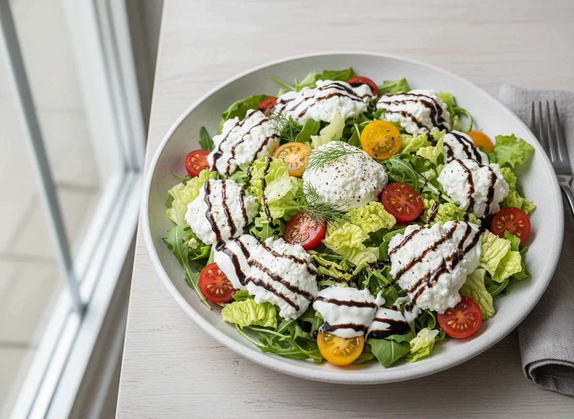 Gemischter Salat mit Hüttenkäse und Tomaten photo