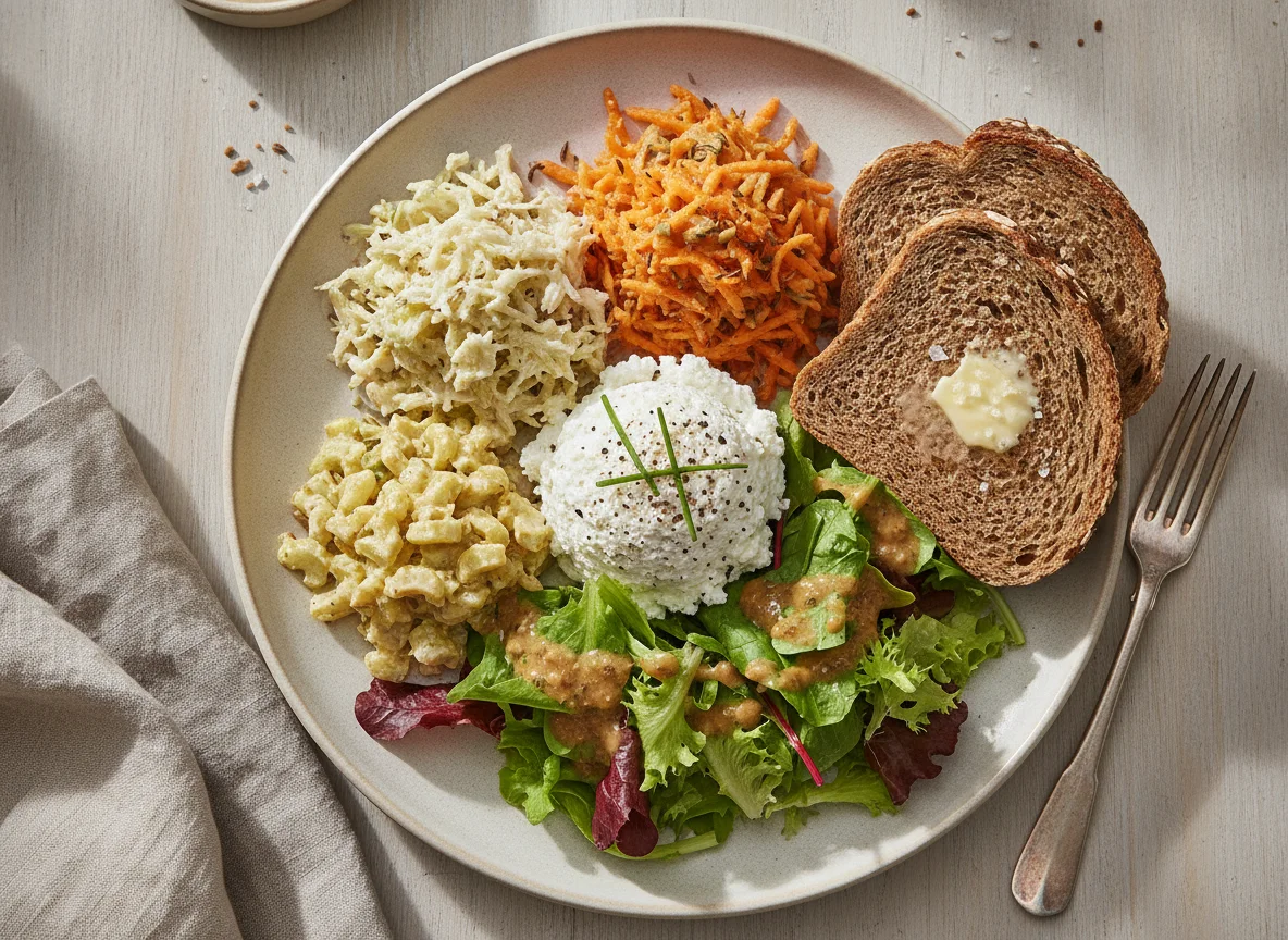 Gemischter Salat mit Hüttenkäse und Vollkornbrot photo