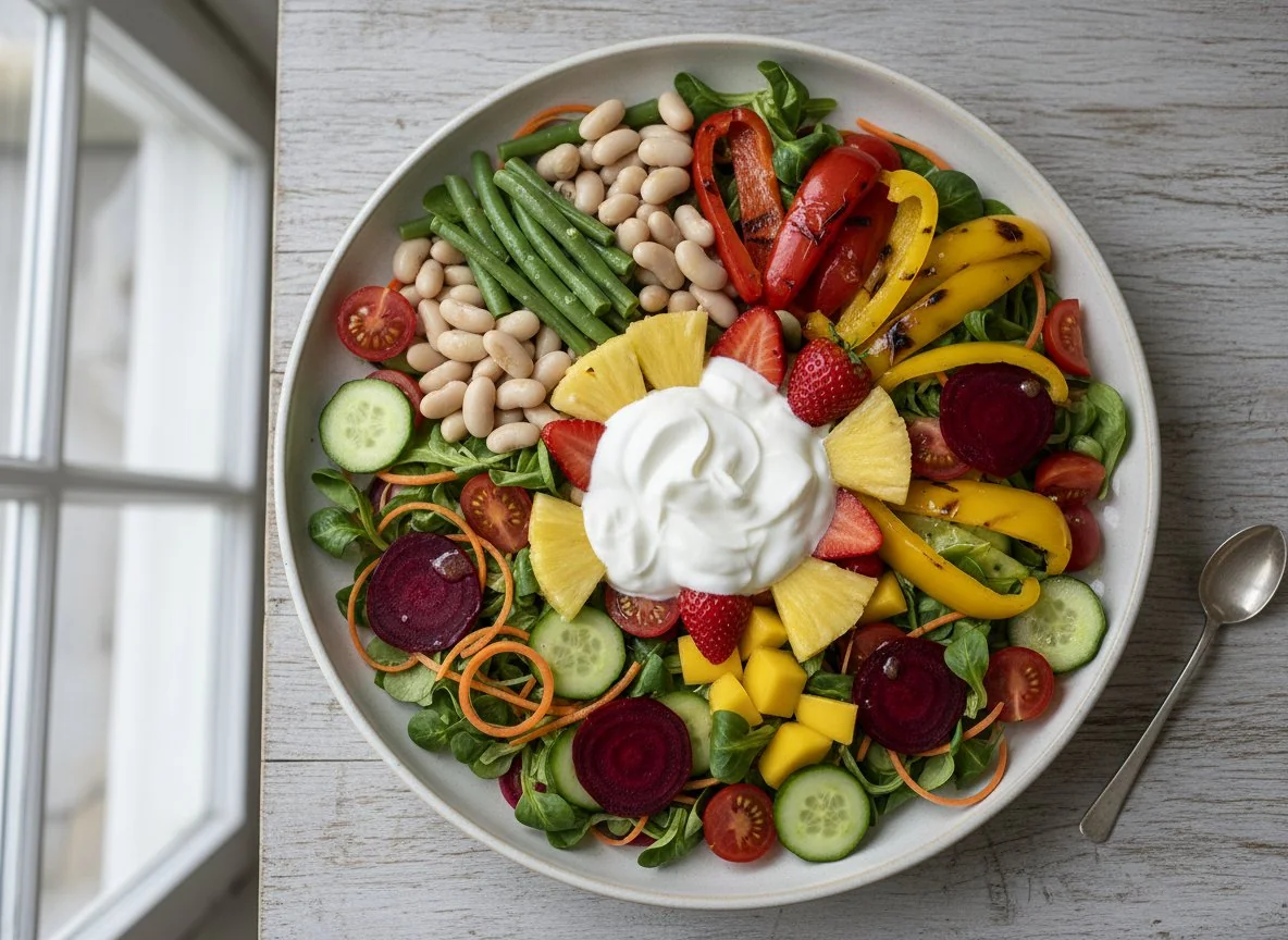 Gemischter Salat mit Joghurt und Früchten photo