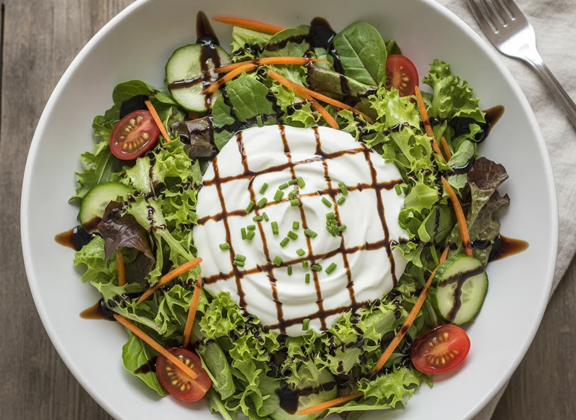 Gemischter Salat mit Joghurt-Dressing und Balsamico-Glace photo