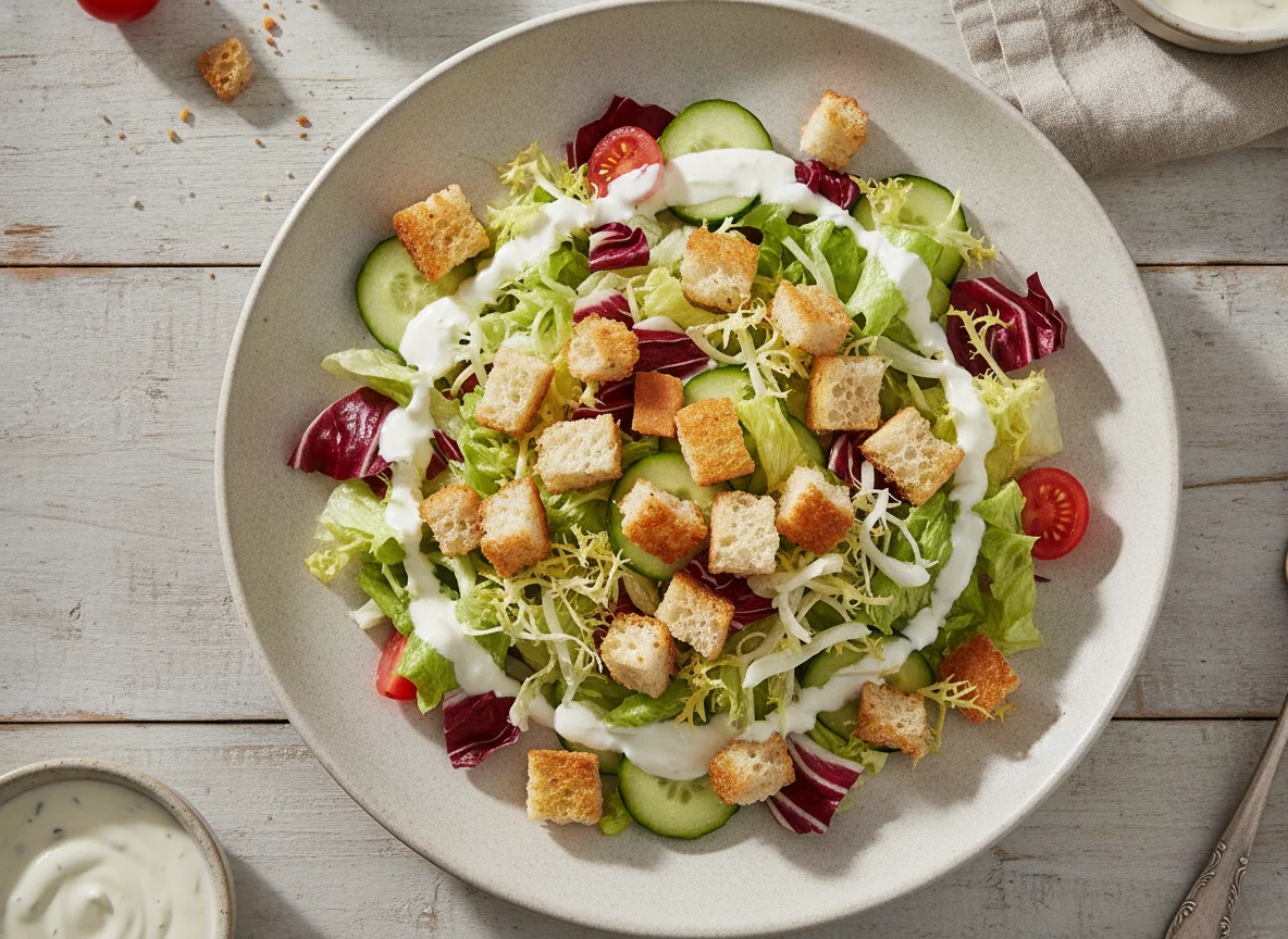 Gemischter Salat mit Joghurt-Dressing und Croutons photo