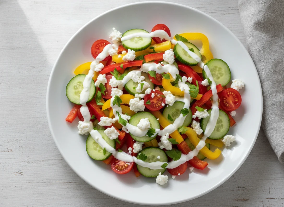 Gemischter Salat mit Joghurt-Dressing und Feta photo