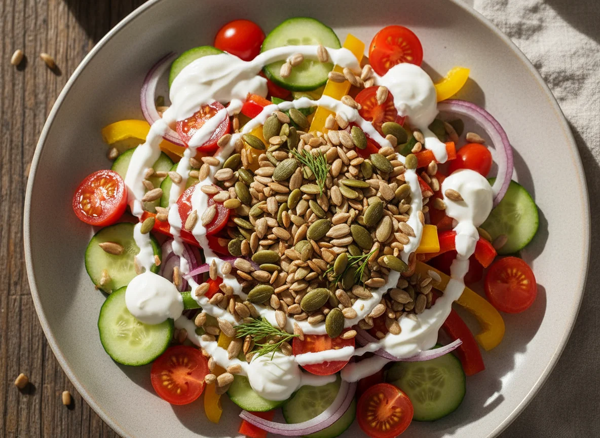 Gemischter Salat mit Joghurt-Dressing und Kernen photo