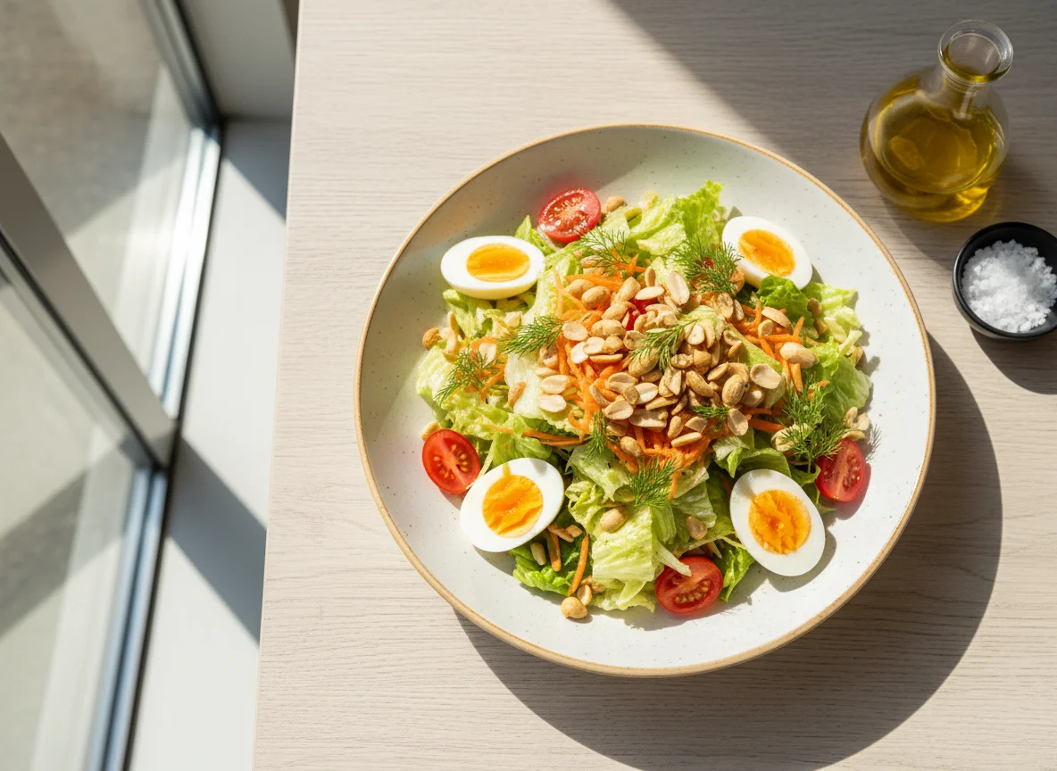 Gemischter Salat mit Karotten, Ei und Erdnüssen photo