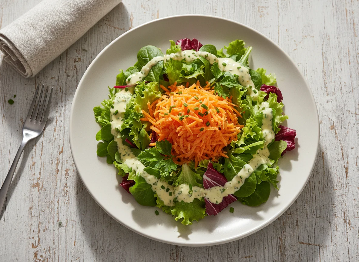 Gemischter Salat mit Karotten und Dressing photo