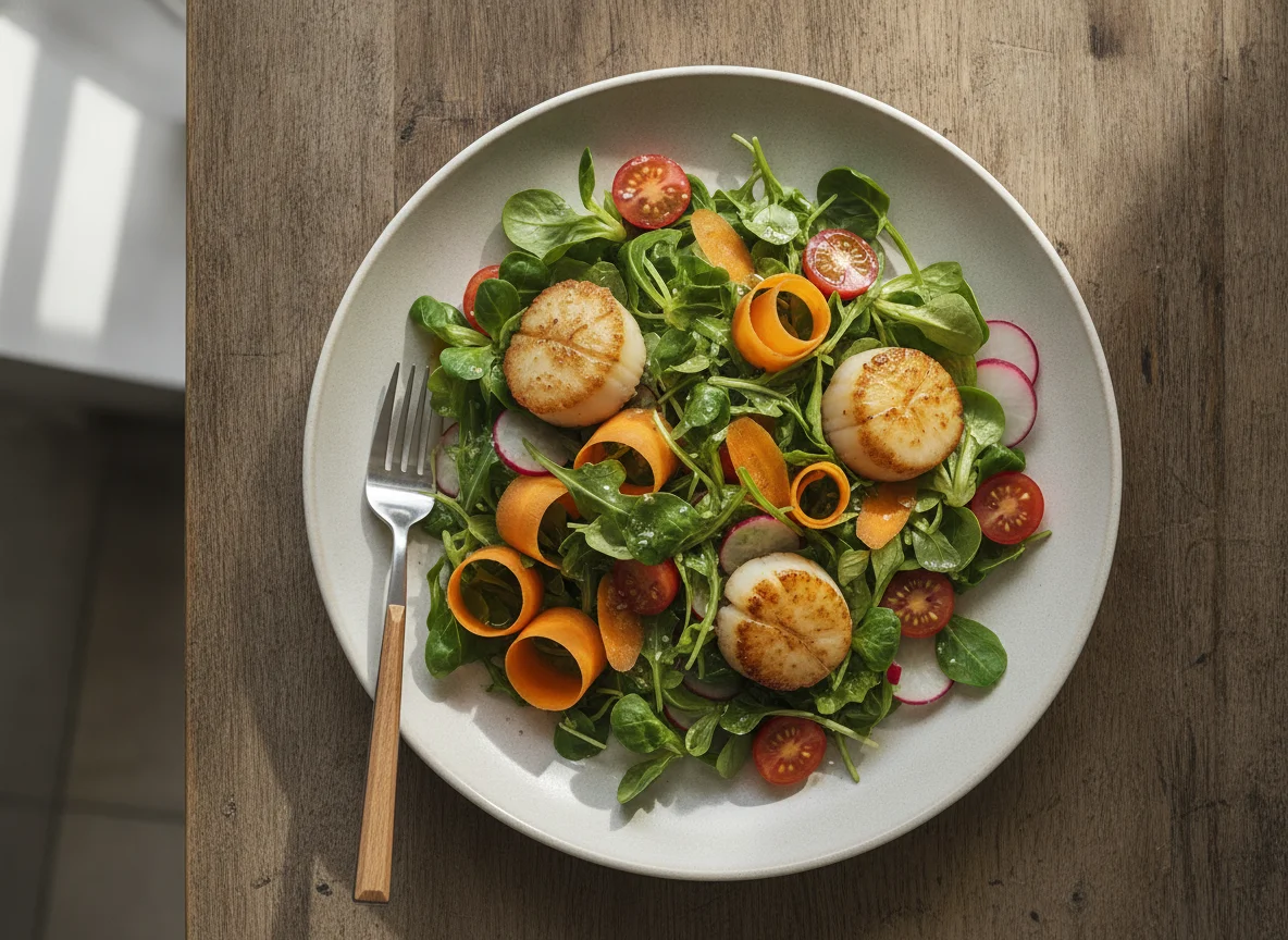 Gemischter Salat mit Karotten und Jakobsmuschel photo