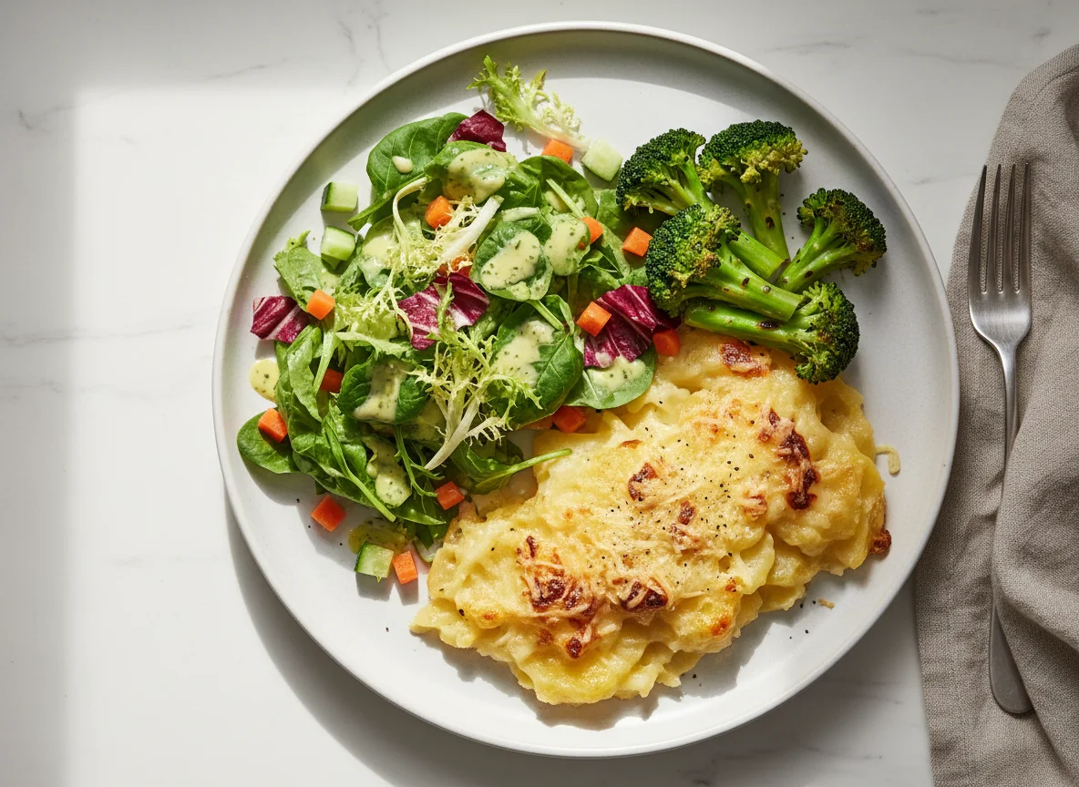 Gemischter Salat mit Kartoffelgratin, Brokkoli und Käse photo