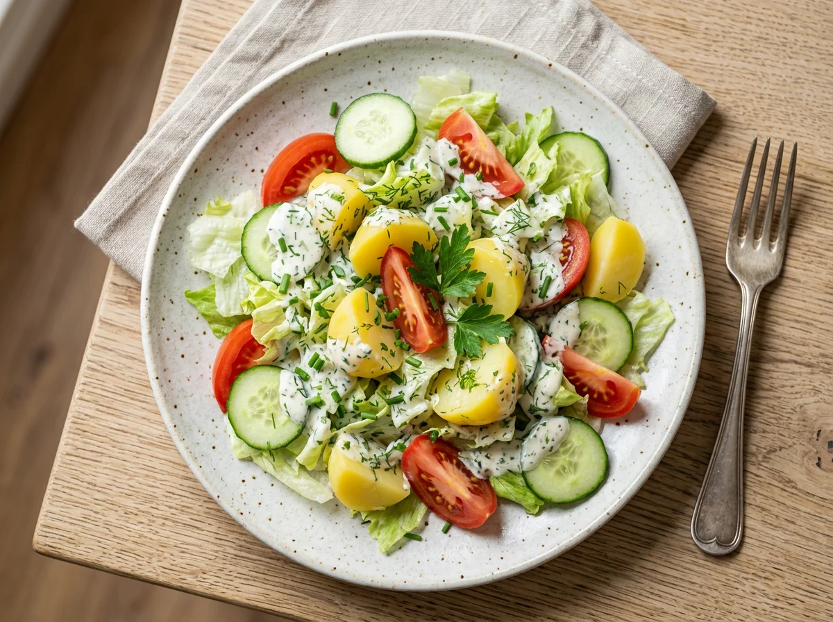 Gemischter Salat mit Kartoffeln und Dressing photo
