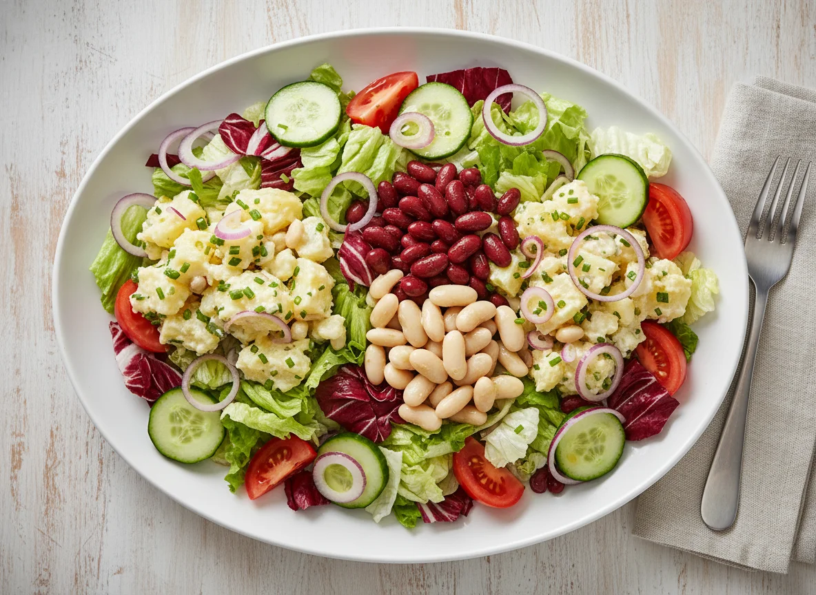 Gemischter Salat mit Kartoffelsalat und Bohnen photo