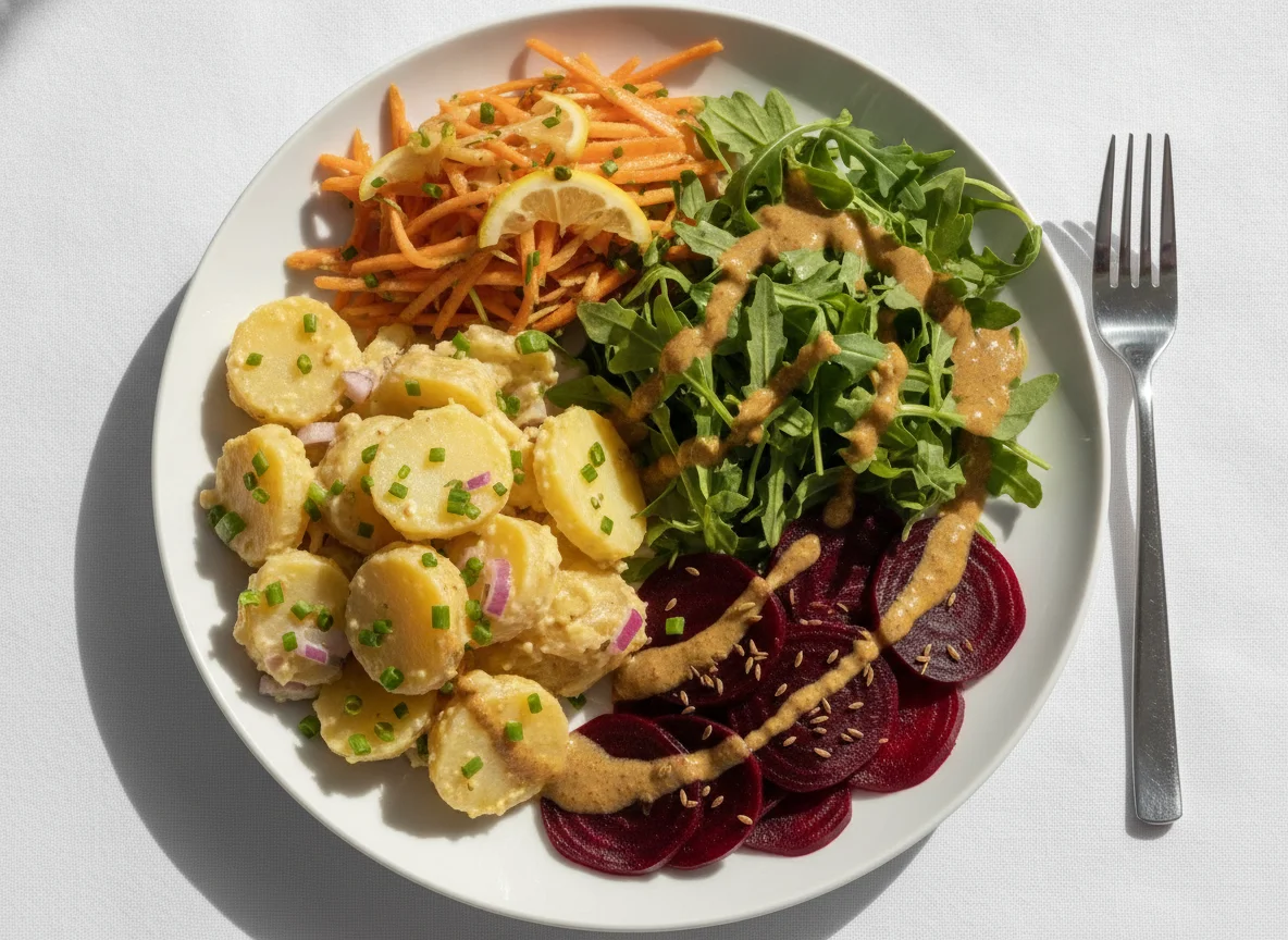 Gemischter Salat mit Kartoffelsalat und Dressing photo