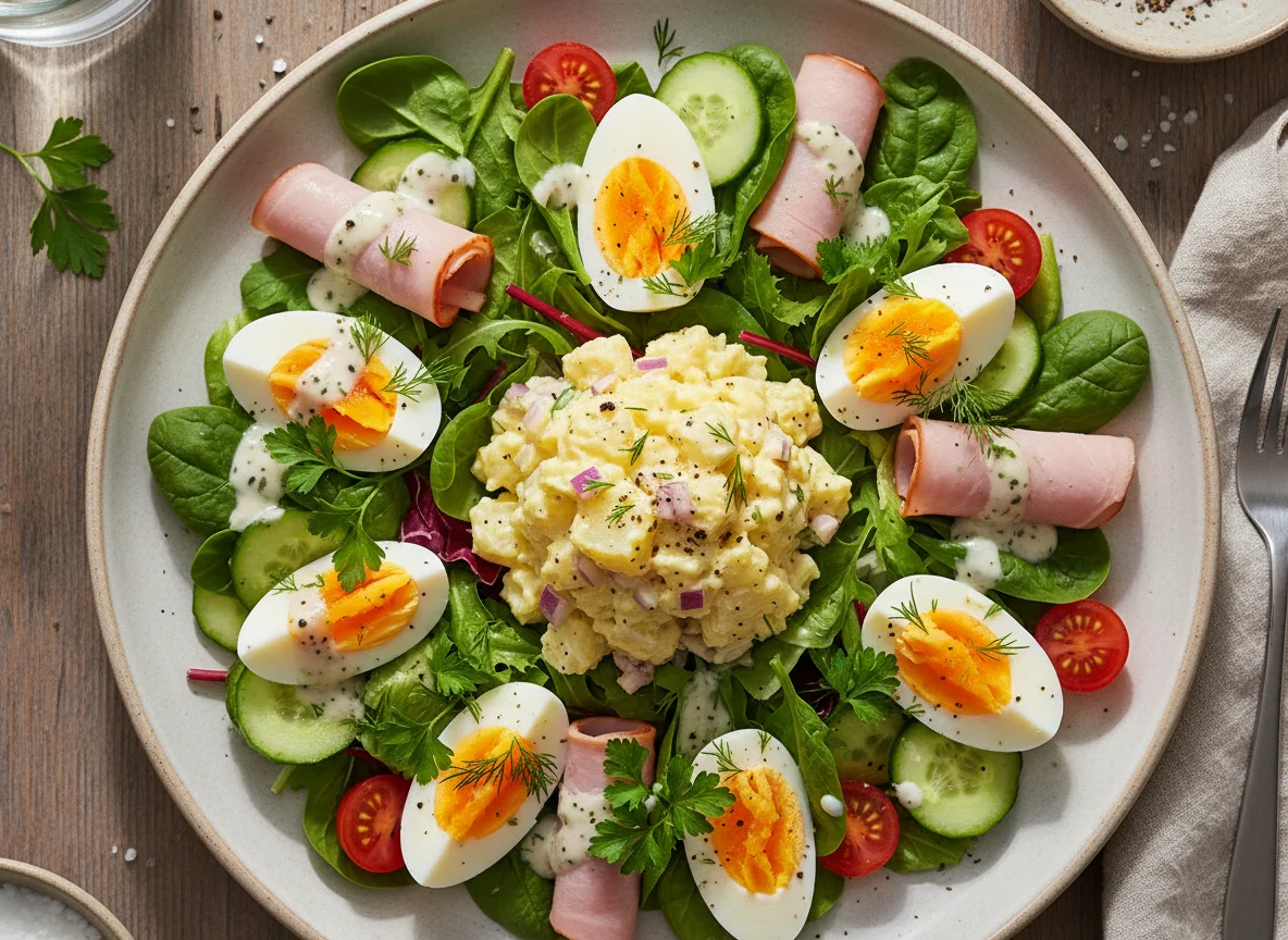 Gemischter Salat mit Kartoffelsalat und Eiern photo