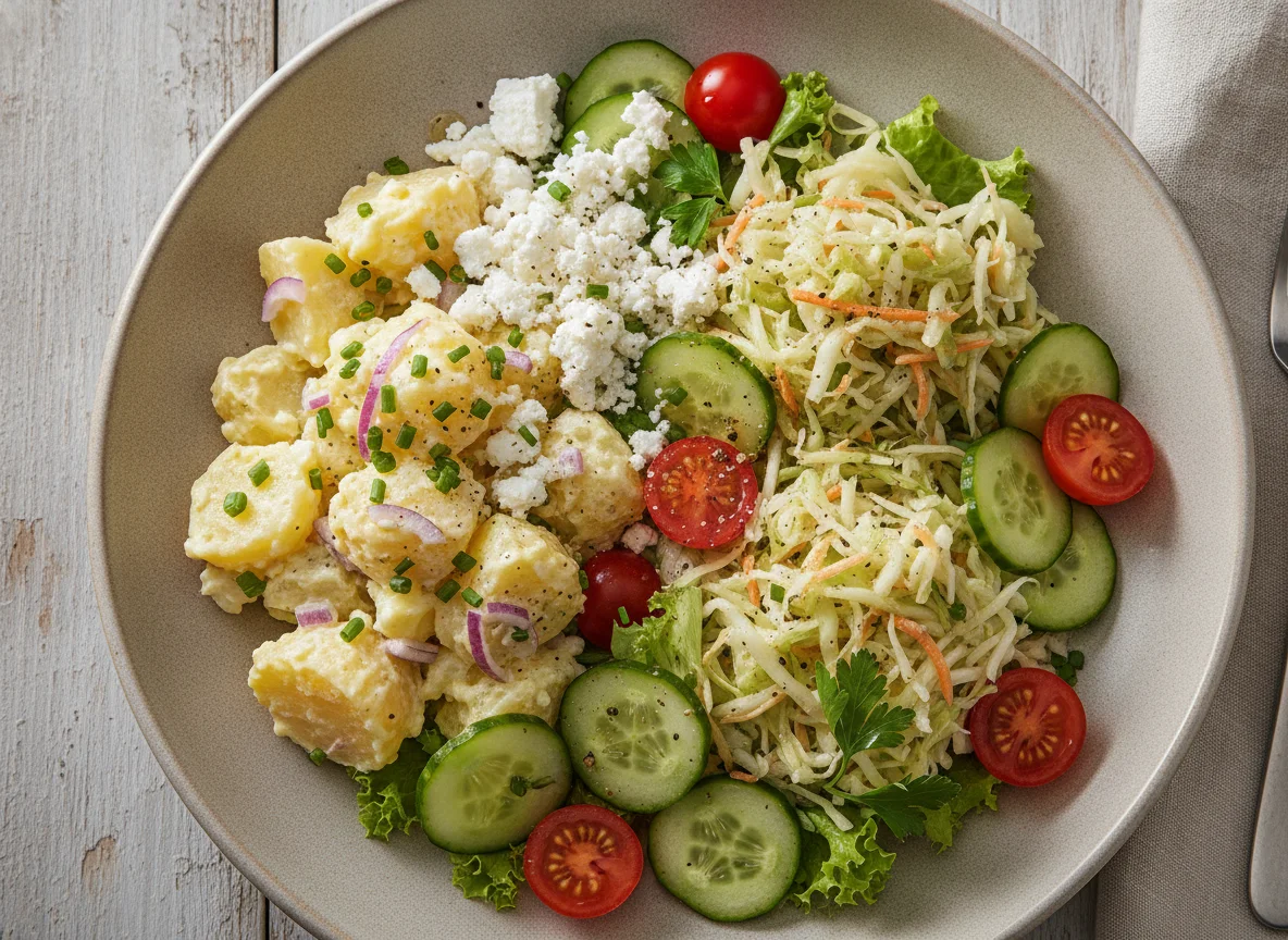 Gemischter Salat mit Kartoffelsalat und Feta photo